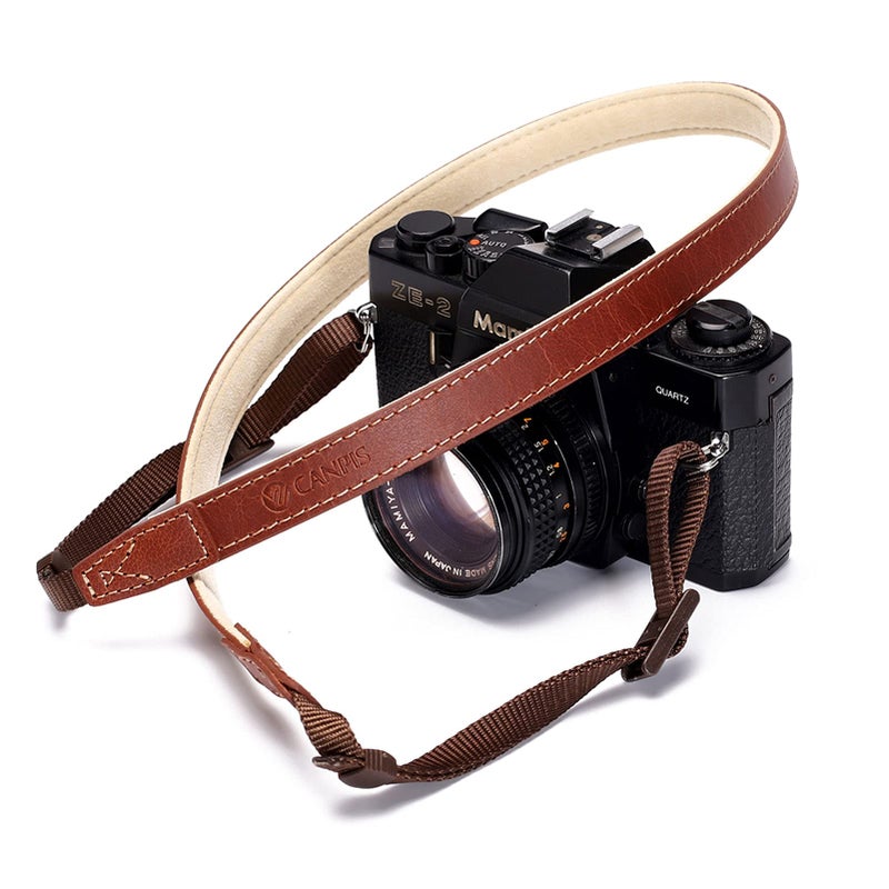CANPIS CP008 Camera Shoulder Neck Strap compatible with Canon Nikon Leica Fuji Sony Olympus etc. Brown Color, Adjustable Length, Slim with Flocking Comfortable Pad - Image 1